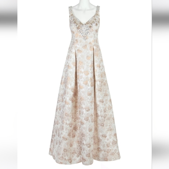 Aidan Mattox MD1E201398 Embellished Sweetheart Jacquard A-line Dress Gown Gold - Picture 2 of 12